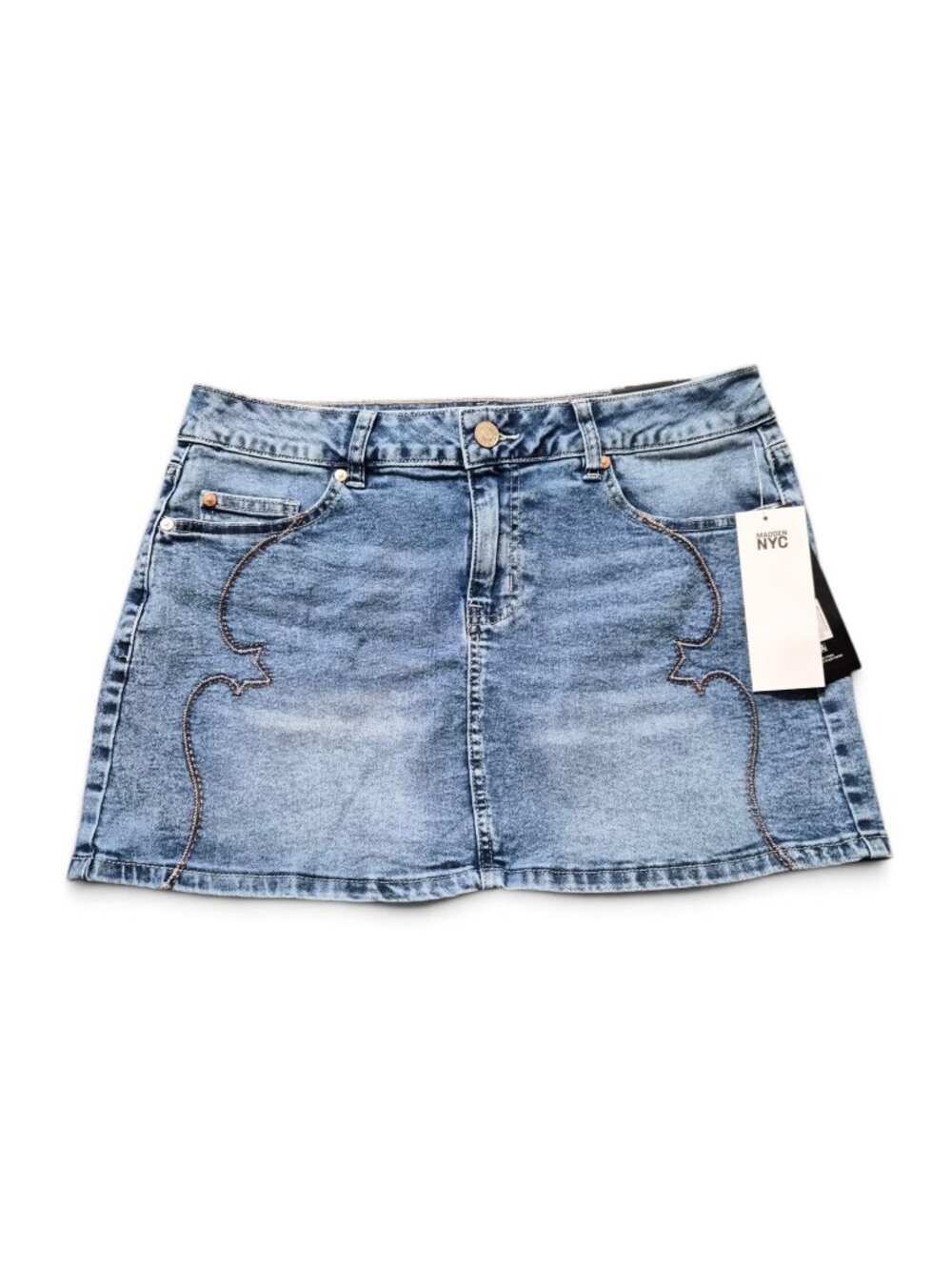 Madden NYC Women's Western Denim Mini Skirt S (4-6) Stretch with Pockets Blue